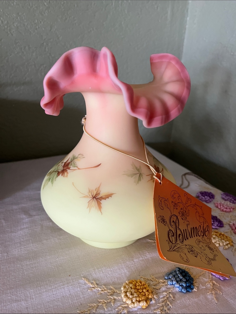Vintage Fenton Burmese Leaf Decorated Ruffled Edge Vase